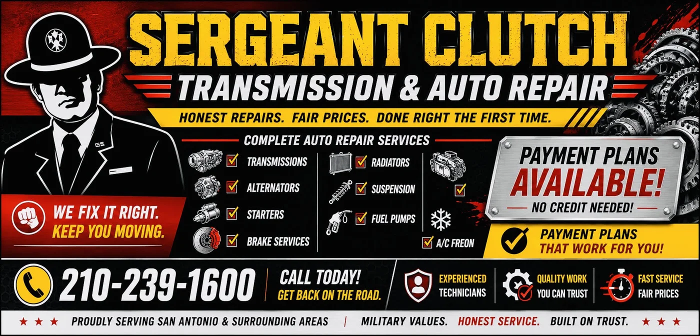 Sergeant Clutch transmission and auto repair - payment plans available, call 210-239-1600